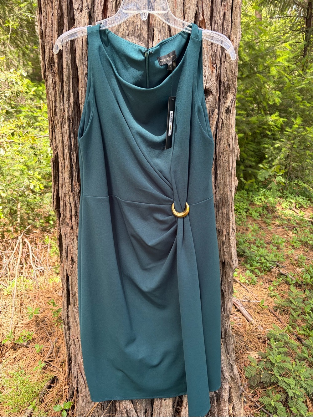Donna Karan Hunter green Midi Sheath Dress with Gold Ring